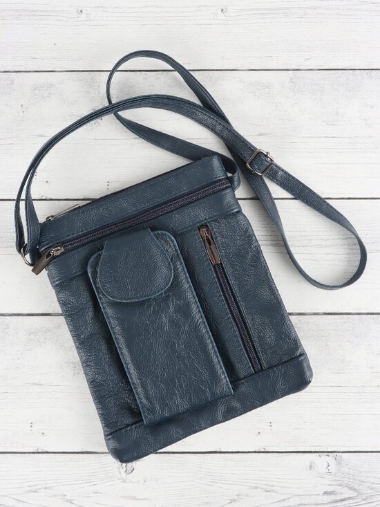 SteelTime Handbags - SteelTime Blue Genuine Leather Multi-Pocket Crossbody Bag